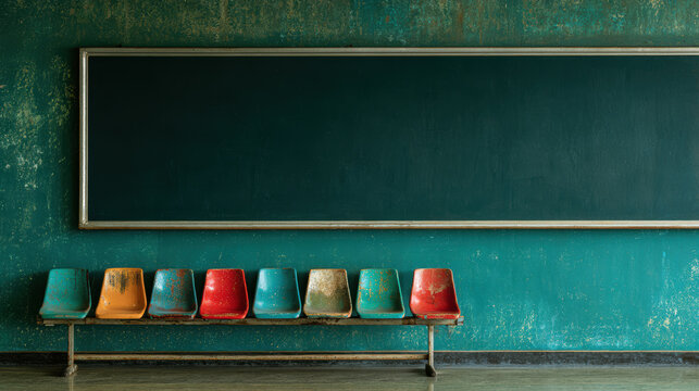 Old colorful plastic chairs in row with peeling paint under large empty chalkboard on textured teal wall in vintage room