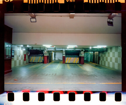 Empty parking garage at night shot on film