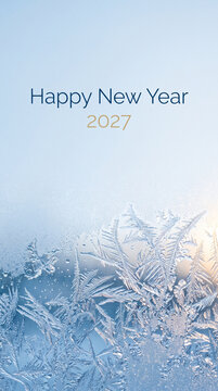 Winter Happy New Year 2027 banner with frosty ice crystals and snowflakes on a blue window. Elegant seasonal design for holiday greetings and cards.