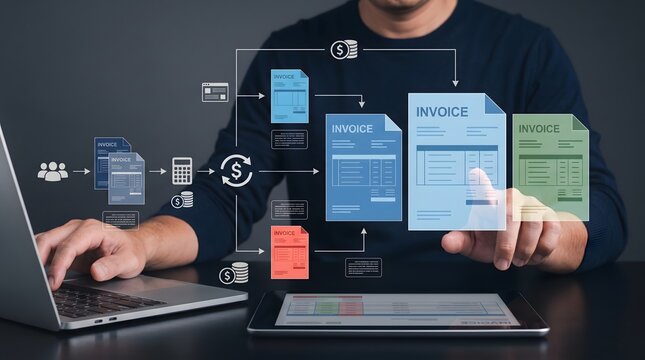 Business person managing invoices and financial workflow with digital interface and technology illustrating accounting and payment processes.