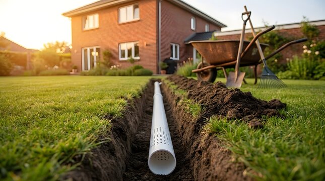 Installation of a perforated PVC drainage pipe in a dug trench on a residential green lawn to prevent water flooding near a brick house with gardening tools and wheelbarrow in the background.