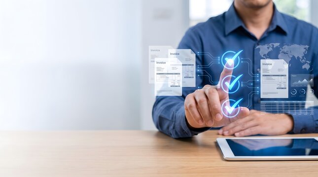 Man touching glowing checkmarks on digital interface reviewing invoices and financial data