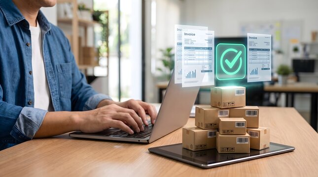 Man working on laptop with holographic invoices and stack of cardboard delivery boxes symbolizing e commerce order fulfillment and digital logistics management