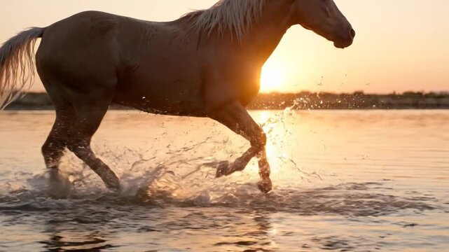 Horse running through shallow water at sunset