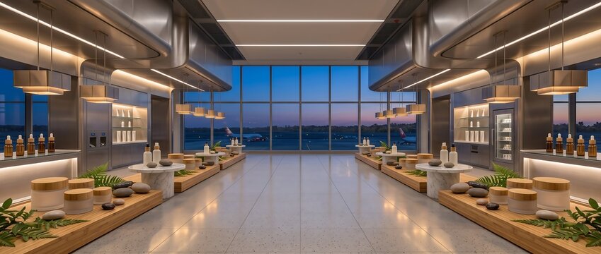 Modern airport lounge interior with spa products and runway view at