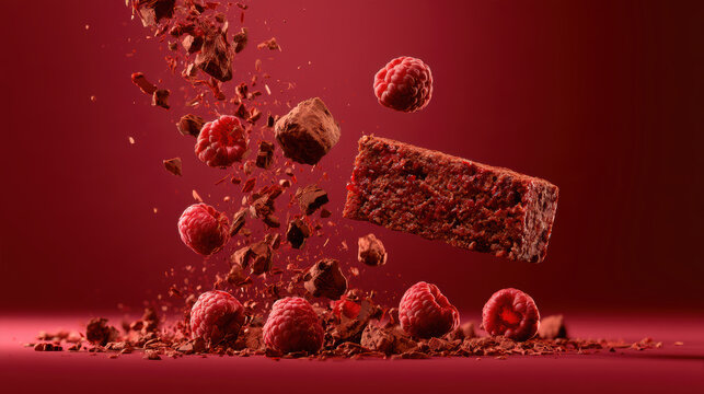 Raspberry chocolate brownie with fresh raspberries and chocolate chunks falling on red background, rich dessert with vibrant colors