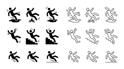 Fototapeta premium Slipping person icons black silhouette and line designs on white background