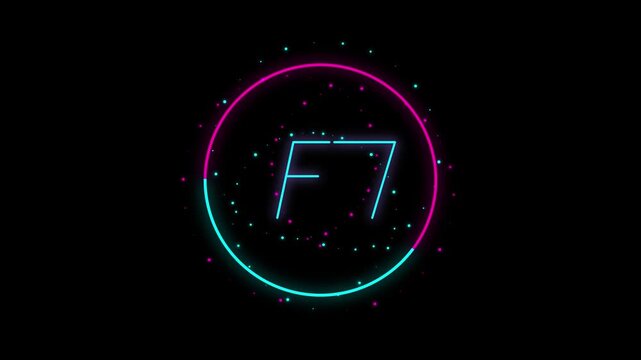 Neon f7 reveal with glowing circular particle animation and cyberpunk aesthetic