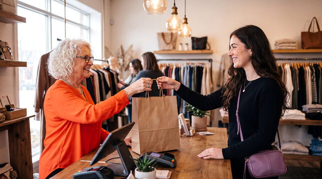 Boutique store clerk handing a shopping bag to a smiling customer across the checkout counter