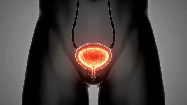 3D medical animation of a male silhouette with a glowing highlighted bladder and prostate representing inflammation or urinary pain