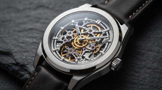 Luxury skeleton watch with visible mechanical movement on leather
