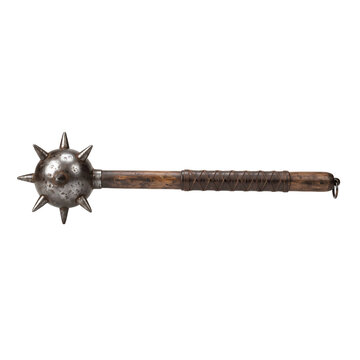 Medieval spiked mace weapon with a wooden handle isolated on a white background