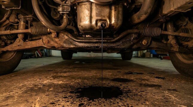 Close-up view of black engine oil leaking and dripping from a vehicle's oil pan onto a concrete garage floor, representing mechanical failure, automotive maintenance, and repair service.