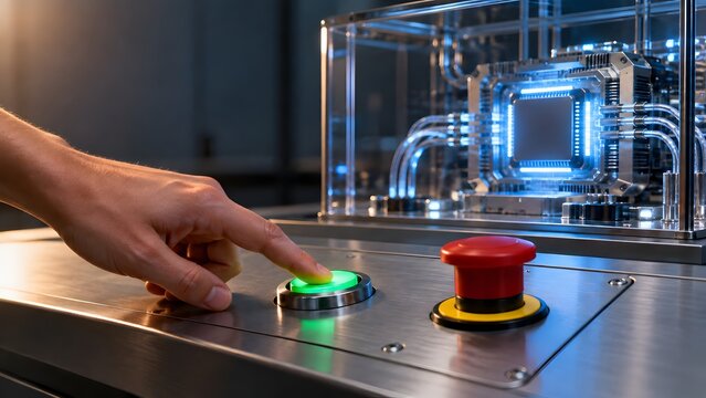 Close up of a human finger pressing a glowing green button on a futuristic control panel next to a red emergency stop button with a complex technological device in the background.