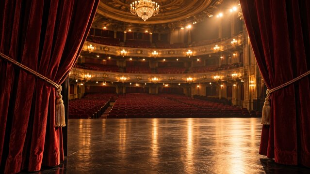 empty classic opera theater auditorium viewed from stage with red velvet curtains and golden chandelier. performance hall interior. banner, website header.