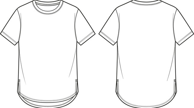 Technical flat sketch of short-sleeve crew neck longline t-shirt with ribbed collar, side slits, bar tack stitches, rounded high-low hem, front and back views