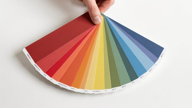 Hand holding a colorful paint swatch fan deck with red, orange, yellow, green, and blue color samples on a white background