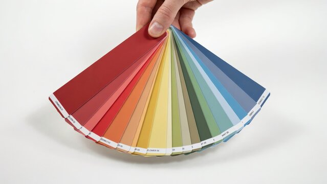 Hand holding a colorful paint swatch fan deck, displaying a spectrum of color samples against a white background
