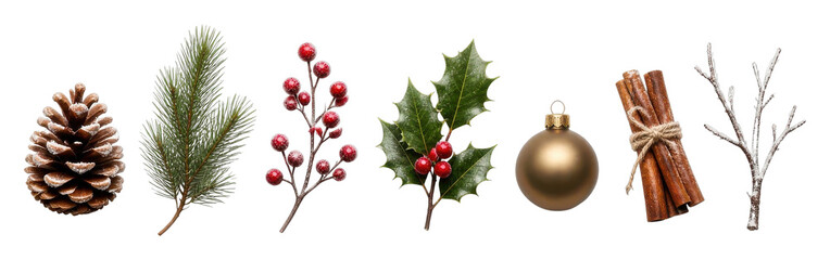 Fototapeta premium PNG Christmas greenery, pine cone, berries, ornaments, cinnamon
