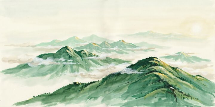 Watercolor painting of green mountain peaks rising above a sea of clouds at sunrise