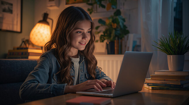 Preteen girl studying with generic laptop at cozy home study nook with warm lamp light stack of books and plants generative AI