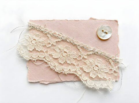 Vintage cream lace with button and silver thread stitched on pink handmade paper card, romantic feminine flat lay on white