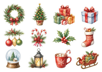 Obraz premium PNG Festive watercolor Christmas icons with wreath, gifts, ornaments