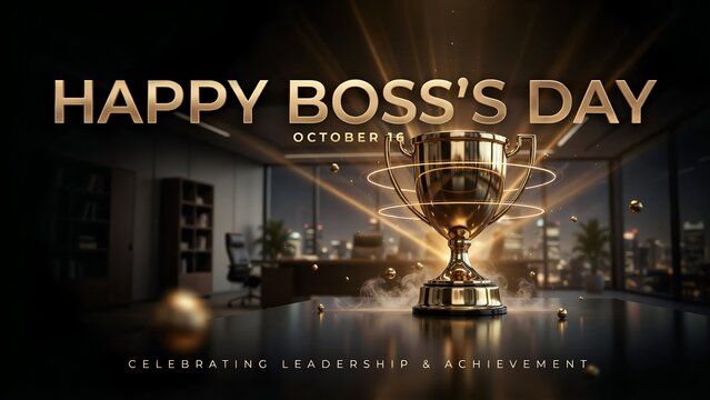 Golden Happy Boss Day trophy banner, elegant leadership trophy in executive office, October 16 celebration background