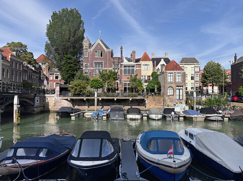 houses, and boats at canal in Dordrecht