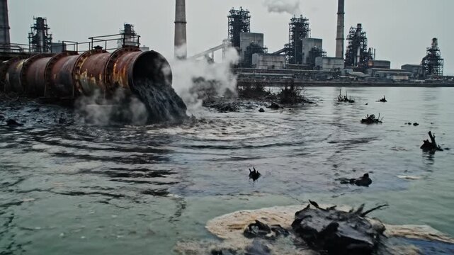 Dark toxic waste pouring from rusty pipe into river