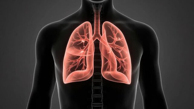 3D medical animation of a human torso showing glowing lungs and the respiratory system for healthcare and scientific study