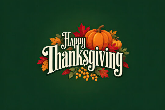 Happy Thanksgiving Day poster with elegant vintage lettering, pumpkins, autumn leaves, berries and harvest foliage arranged as a festive botanical centerpiece on a rich dark green background