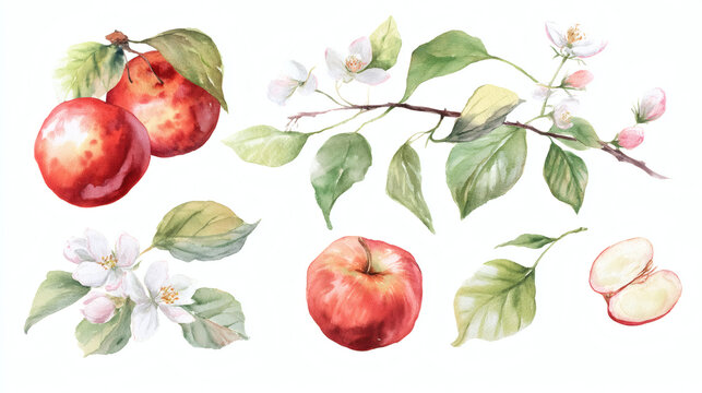 Watercolor illustration of red apples, green leaves, and white apple blossoms arranged on a clean white background.