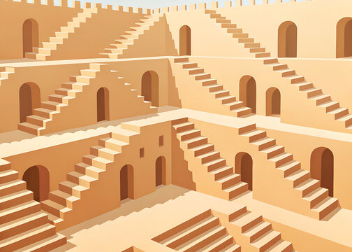 Minimal Indian architectural illustration of an ancient stepwell