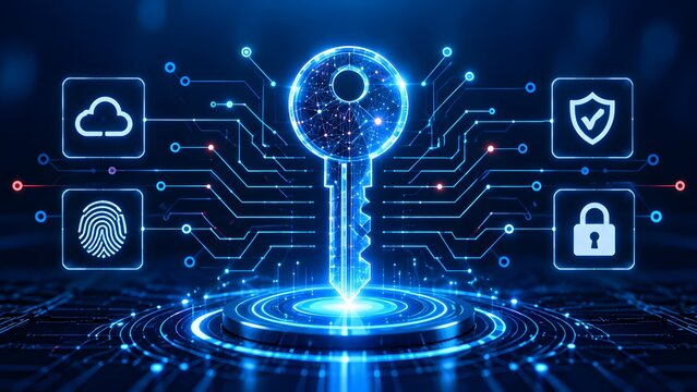 Glowing digital encryption key on computer circuit board with virtual authentication security icons