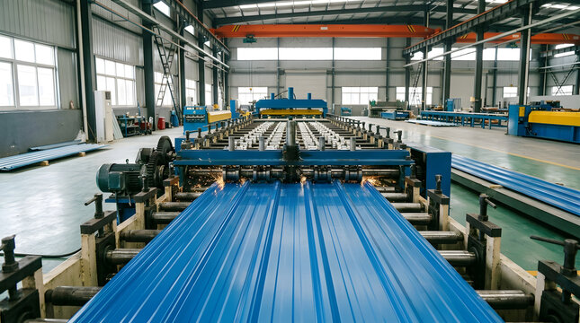 Automated Metal Sheet Roll Forming Machine in Factory | Industrial Steel Roofing Sheet Production Line with Sparks | Modern Metal Profiling Machine Processing Blue Corrugated Sheets