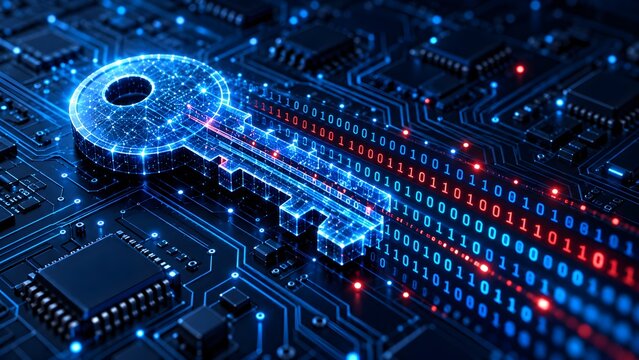 Digital encryption key glowing on computer motherboard circuit with binary code data stream