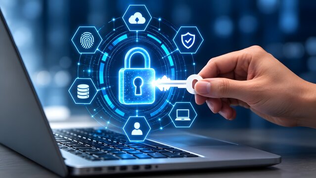 Hand using glowing digital key to unlock virtual padlock hologram on laptop keyboard