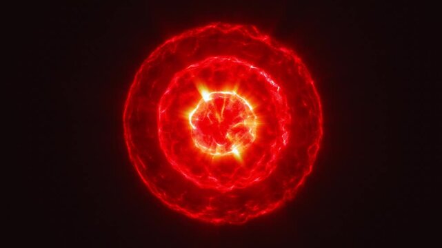 Luminous red network nodes flicker within expanding circular waves. This abstract digital connection visual suggests information flow across technology system, glowing with fiery energy on black.
