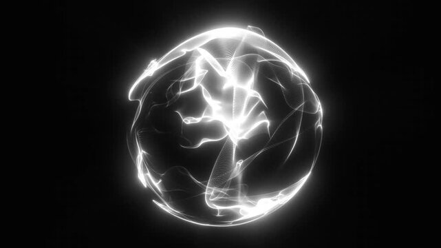 Futuristic light orb ripples with bright white strands against deep black. Abstract energy sphere rotates and reshapes, offering sleek visual for technology and science themes, with bright lines