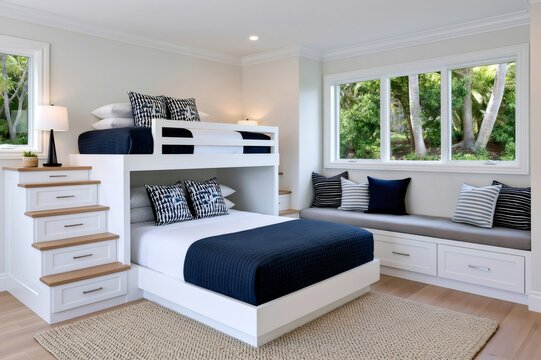 Modern bedroom with bunk bed and window seat