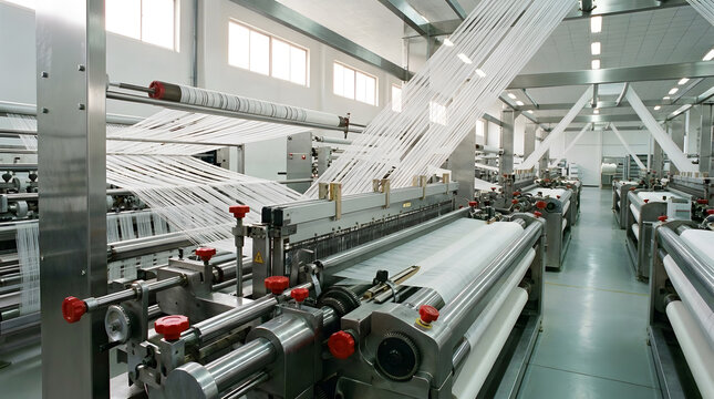 Automated Textile Loom Machine Weaving White Fabric | Industrial Loom Machine in Modern Textile Factory | High Speed Thread Weaving Machinery in Textile Mill
