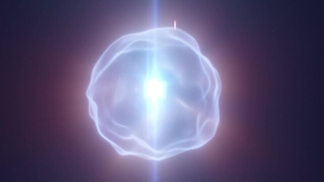 Glowing plasma sphere pulses around bright central core, its translucent blue surface rippling with energy. Futuristic abstract artwork radiates soft light against dark background.