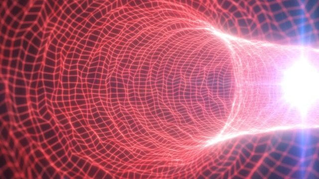 Radiant wireframe tunnel bends toward intense white light in flowing digital animation. Red grid lines shimmer across dark space, giving abstract image energetic futuristic look with rippling mesh.