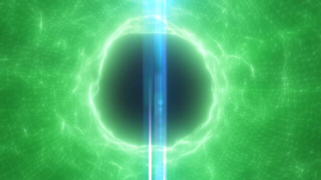 Glowing green energy sphere pulses around dark center as blue light streams vertically through it. Luminous plasma swirls across abstract digital space, creating vivid science fiction effect.