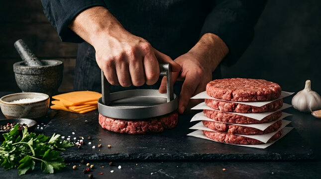 Chef Pressing Fresh Raw Ground Beef Burger Patties | Hand Pressing Fresh Meat Patty with Cast Iron Burger Press | Stack of Raw Beef Burger Patties Ready for Grilling