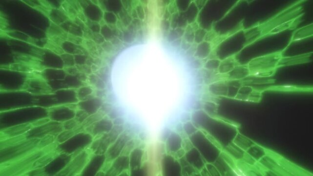Green energy sphere pulses with radiating electric strands against dark background. Glowing digital core sends rippling light through abstract network in vivid futuristic animation.