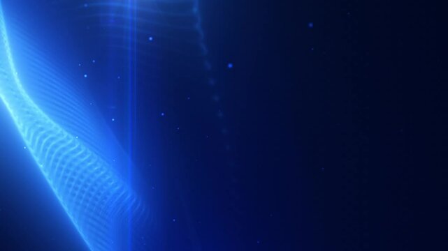 Abstract blue light waves undulate through deep navy darkness. Bright translucent ribbons curve and shift as tiny glowing particles drift nearby, forming calm, futuristic visual backdrop.