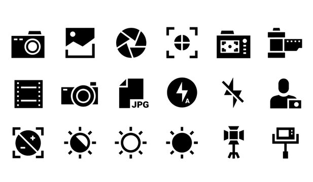 Camera icons. Photo focus, auto exposure and flash, selfie. Stick, tripod and studio light lamp, timer and printer. Black silhouette camera photography ui pictograms. Vector isolated set.