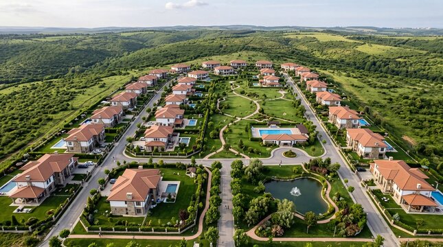 Drone View of Luxury Villa Community Amidst Green Hills